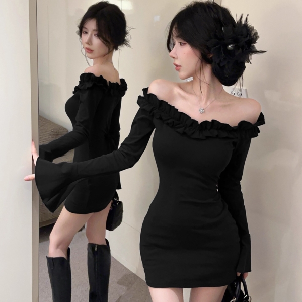2025爆款一字肩喇叭袖包臀洋裝｜超仙花邊露肩短裙｜彈力顯瘦晚宴裙