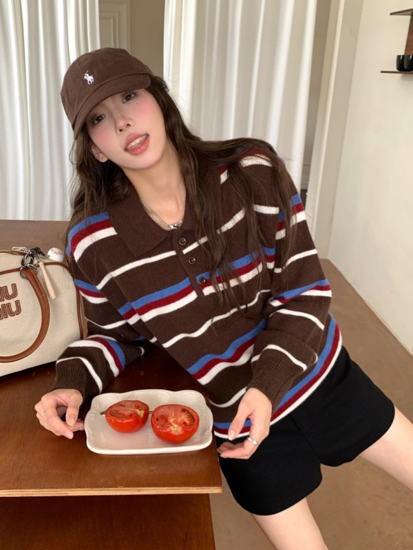 韓版軟糯Polo領撞色條紋毛衣｜秋冬寬鬆套頭上衣