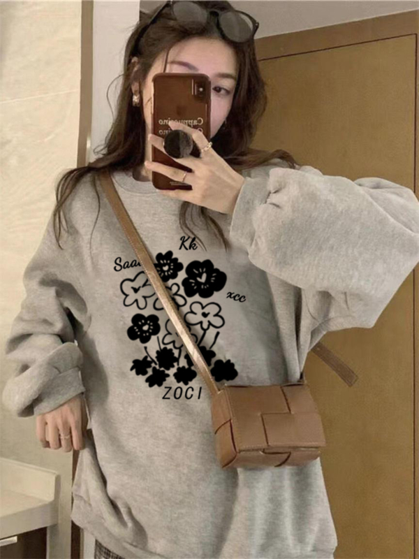 美式復古花灰加絨衛衣｜寬鬆潮牌設計感上衣