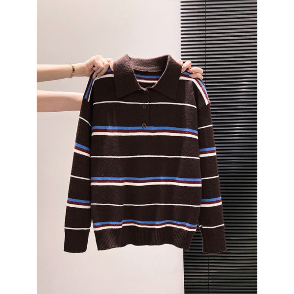 韓版軟糯Polo領撞色條紋毛衣｜秋冬寬鬆套頭上衣