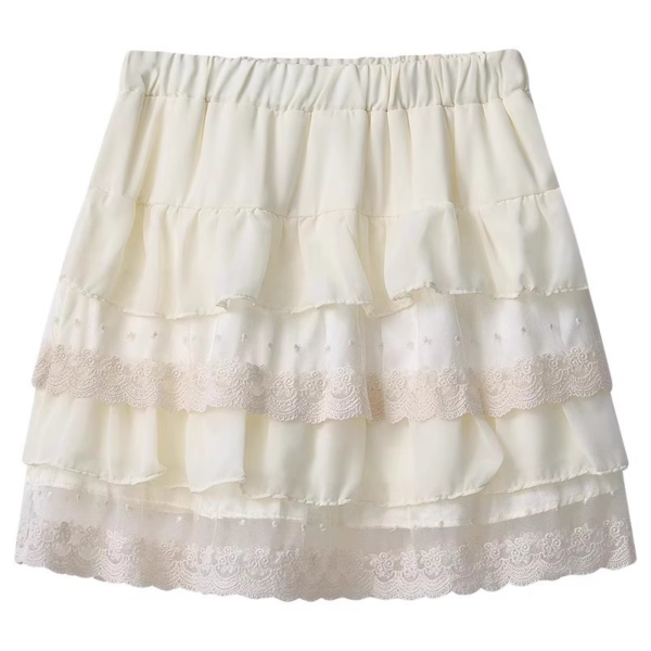 杏色蕾絲蛋糕短裙｜高腰顯瘦A字版型｜小個子友善芭蕾公主蓬蓬半身裙