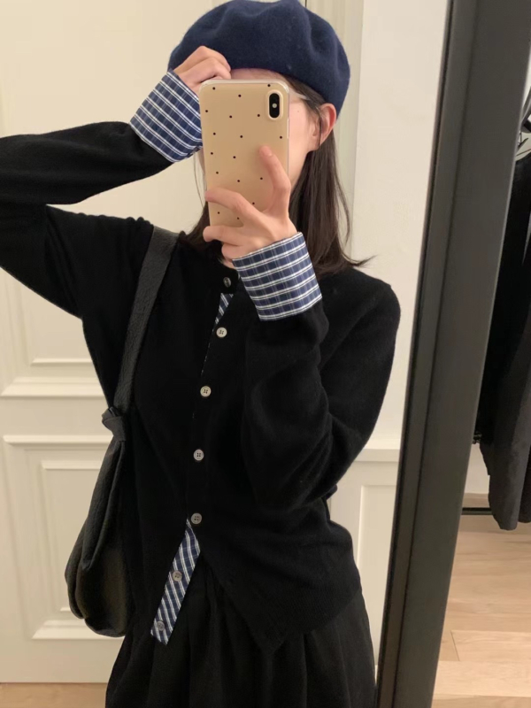 春秋冬韓系減齡撞色格紋拼接針織開衫｜女款單排扣外套上衣