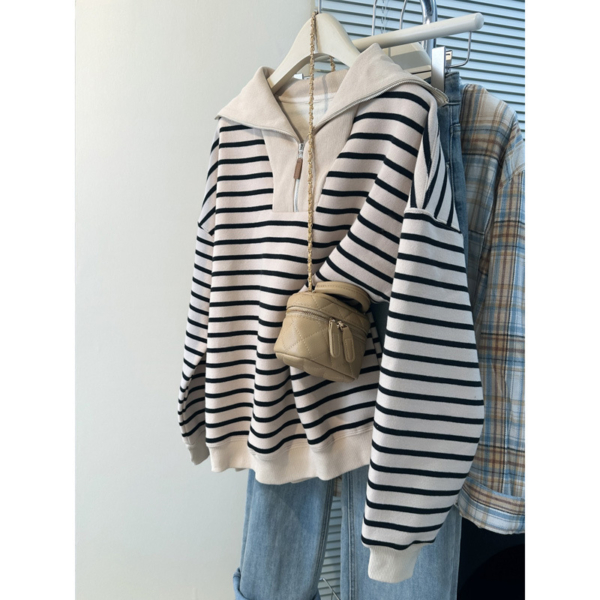 1 美式銀狐絨半拉鍊條紋衛衣|秋冬薄款大尺碼套頭上衣