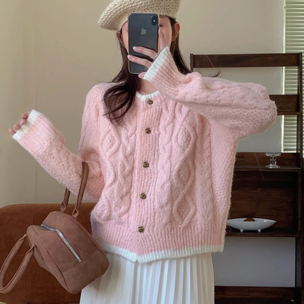 奶系短款針織開衫｜早春秋季麻花毛衣外套 氣質百搭款