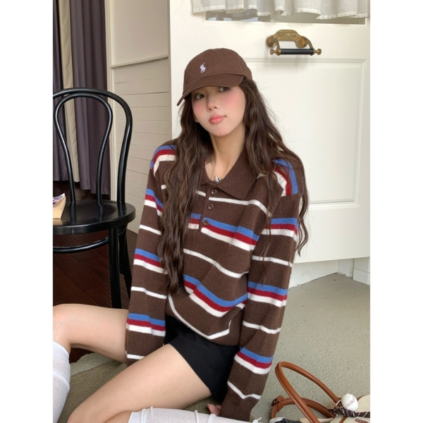 韓版軟糯Polo領撞色條紋毛衣｜秋冬寬鬆套頭上衣