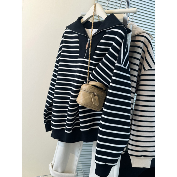 1.2 美式銀狐絨半拉鍊條紋衛衣|秋冬薄款大尺碼套頭上衣