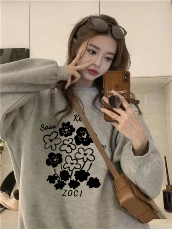 美式復古花灰加絨衛衣｜寬鬆潮牌設計感上衣