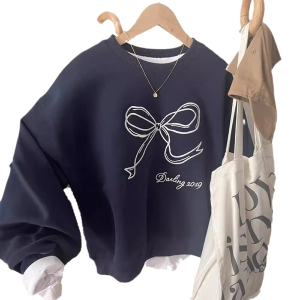 韓系華棉圓領衛衣｜蝴蝶結刺繡設計感上衣