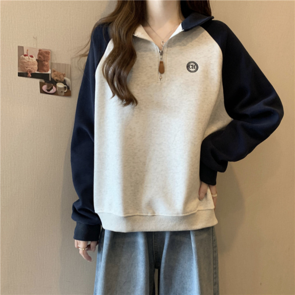 歐美半拉鍊Polo領短款衛衣｜春秋薄款減齡刺繡上衣