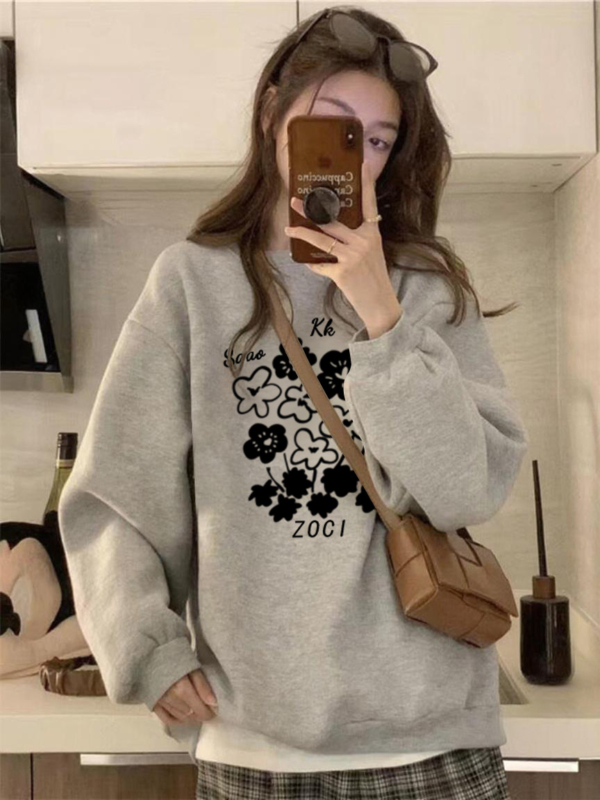 美式復古花灰加絨衛衣｜寬鬆潮牌設計感上衣