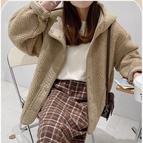 羊羔毛連帽外套｜冬季加厚保暖寬鬆外穿上衣 女生慵懶奶系外套