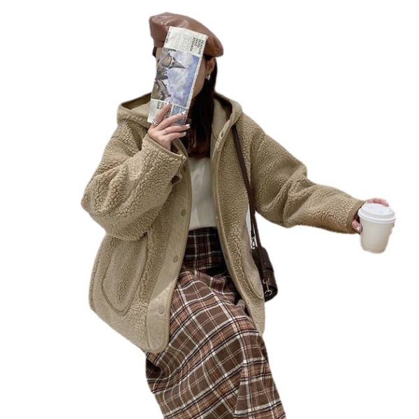 羊羔毛連帽外套｜冬季加厚保暖寬鬆外穿上衣 女生慵懶奶系外套