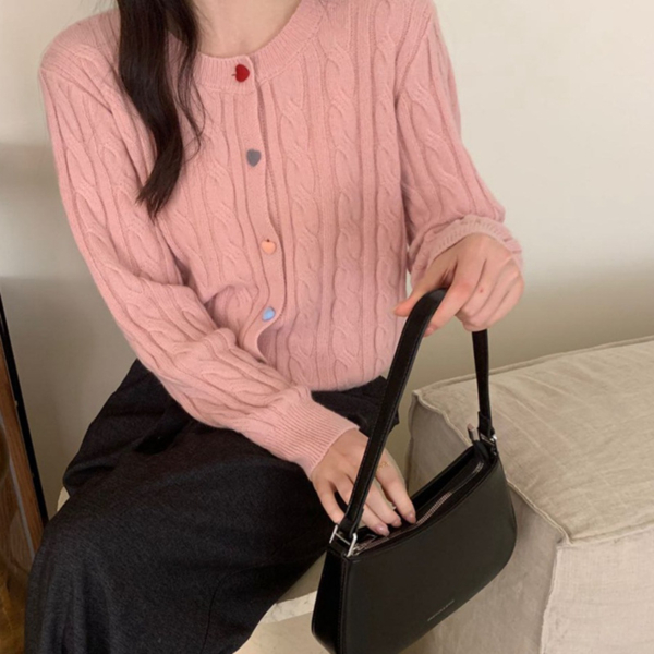 韓系慵懶風寬鬆麻花針織開衫｜秋冬彩扣單排扣毛衣外套 女生百搭上衣