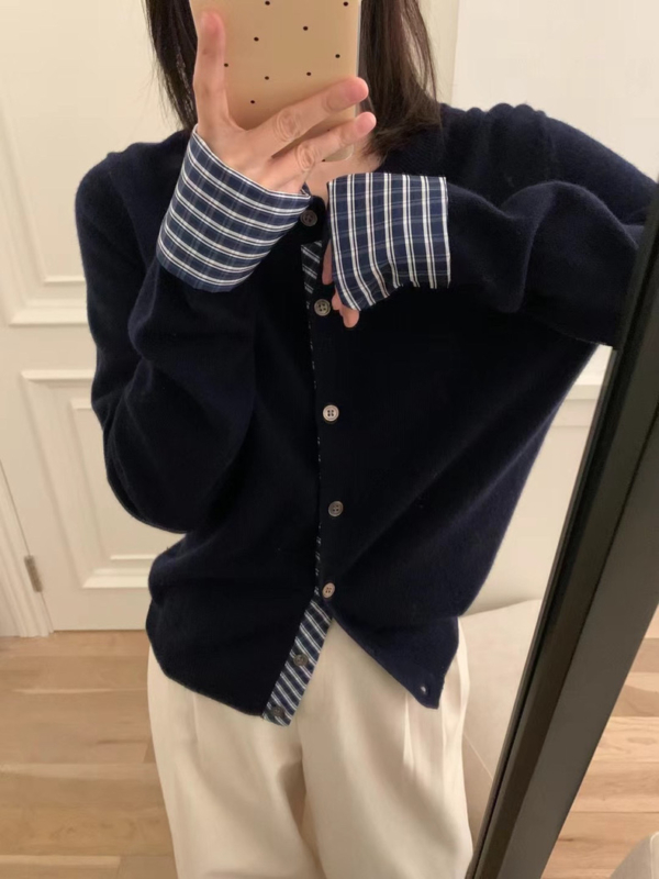 春秋冬韓系減齡撞色格紋拼接針織開衫｜女款單排扣外套上衣