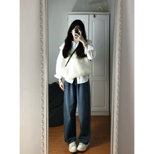 春秋白色V領寬鬆針織馬甲｜設計感疊穿款毛衣背心｜女裝新款