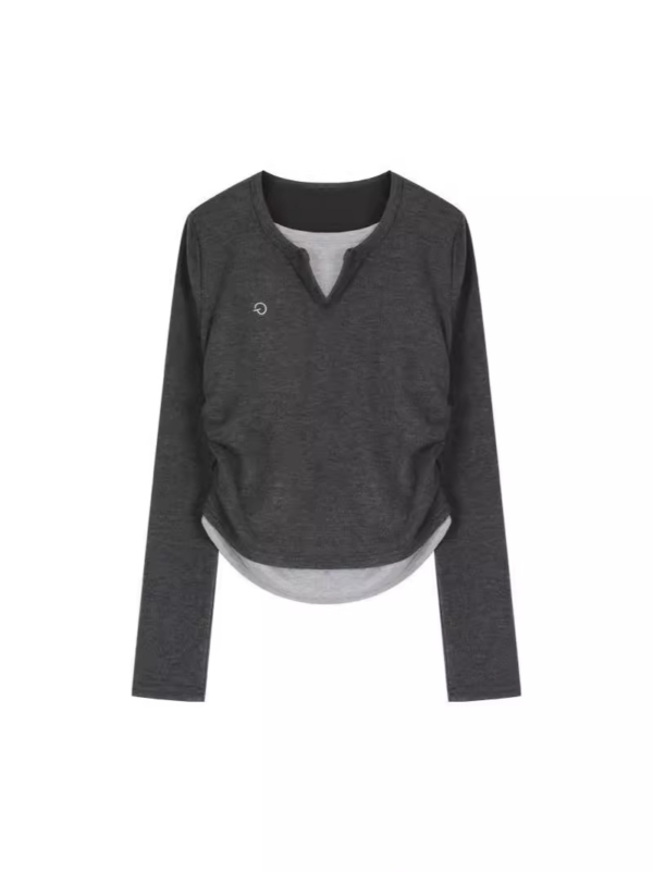 春秋薄款修身假兩件長袖上衣｜韓版圓領打底T恤 女生百搭必備