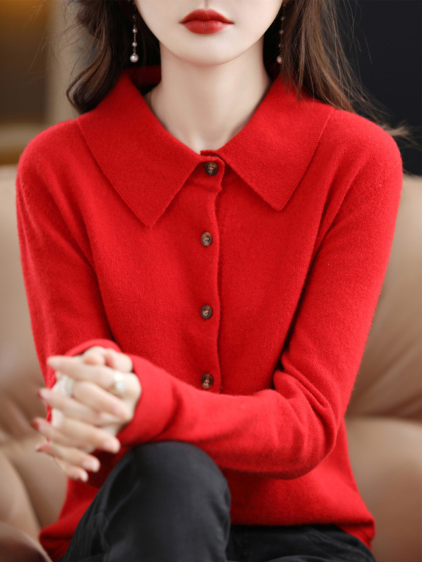 翻領針織POLO外套｜春秋長袖開襟毛衣開衫 女生寬鬆氣質上衣