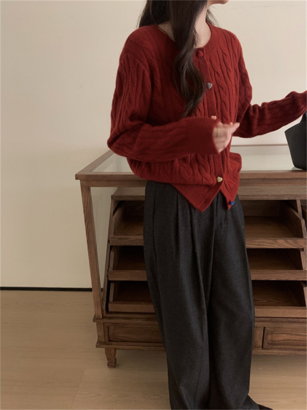 韓系慵懶風寬鬆麻花針織開衫｜秋冬彩扣單排扣毛衣外套 女生百搭上衣