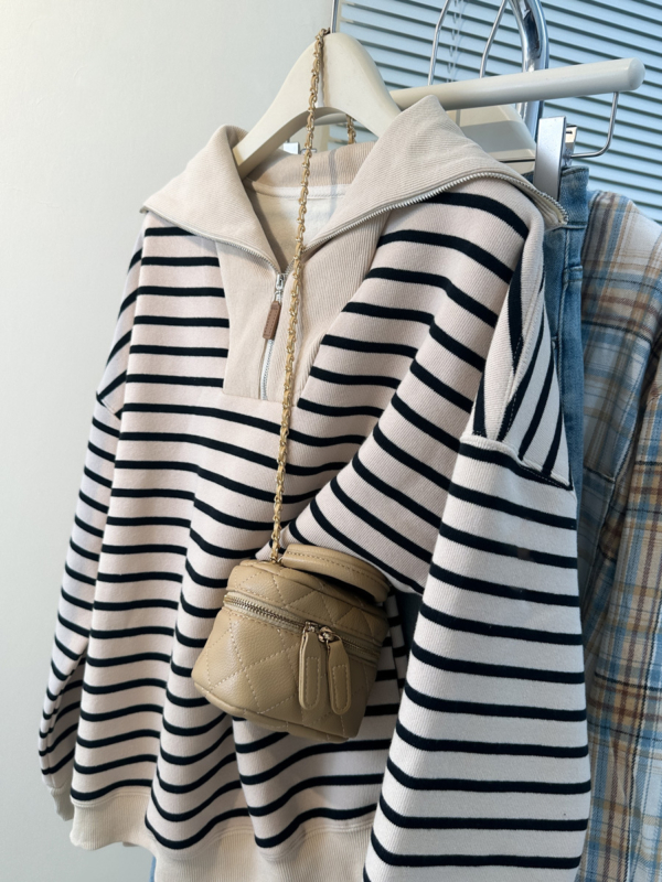 22 美式銀狐絨半拉鍊條紋衛衣|秋冬薄款大尺碼套頭上衣