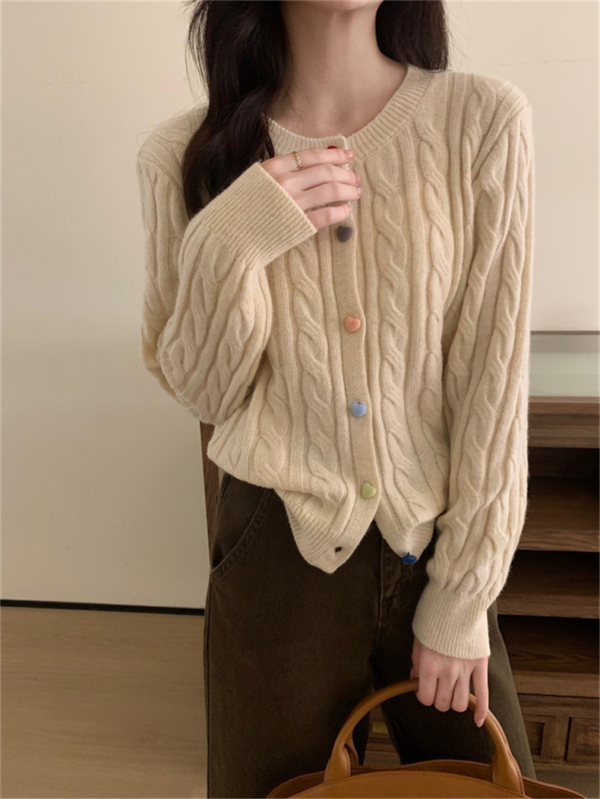 韓系慵懶風寬鬆麻花針織開衫｜秋冬彩扣單排扣毛衣外套 女生百搭上衣