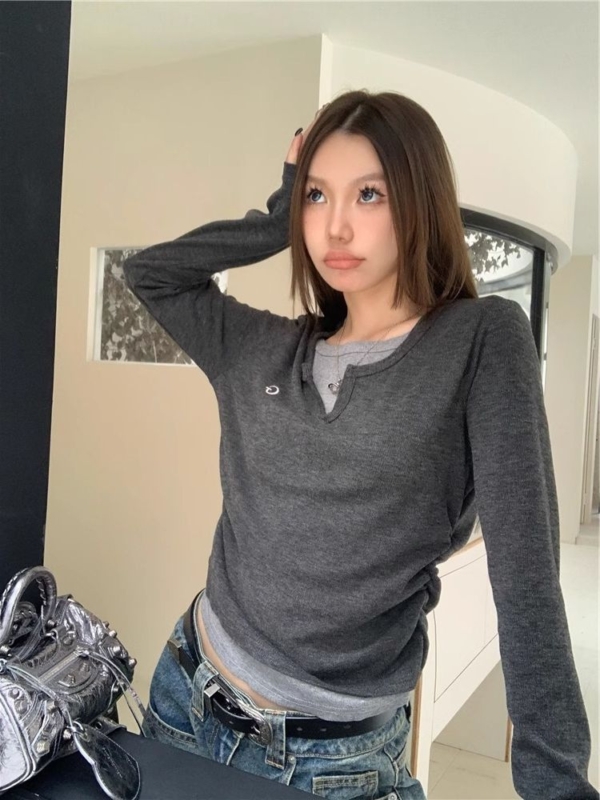 春秋薄款修身假兩件長袖上衣｜韓版圓領打底T恤 女生百搭必備