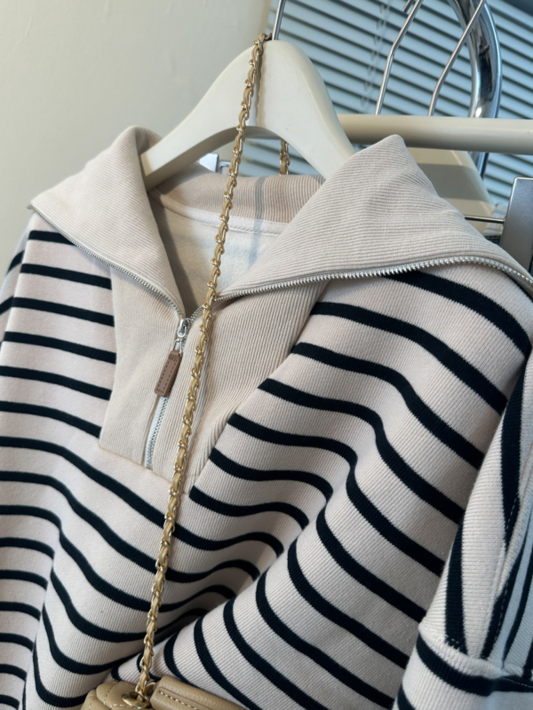 23 美式銀狐絨半拉鍊條紋衛衣|秋冬薄款大尺碼套頭上衣