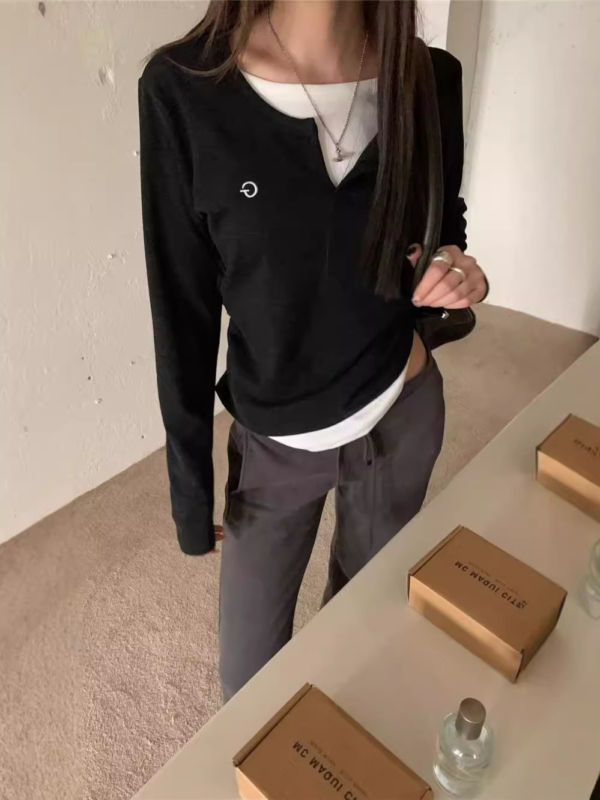春秋薄款修身假兩件長袖上衣｜韓版圓領打底T恤 女生百搭必備