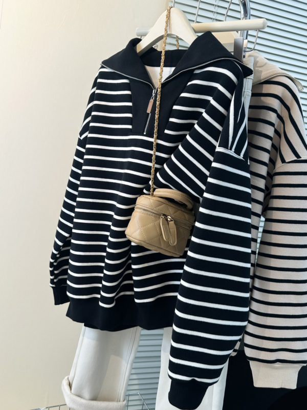 24 美式銀狐絨半拉鍊條紋衛衣|秋冬薄款大尺碼套頭上衣