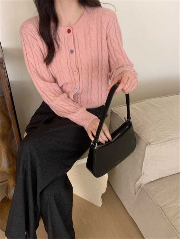韓系慵懶風寬鬆麻花針織開衫｜秋冬彩扣單排扣毛衣外套 女生百搭上衣