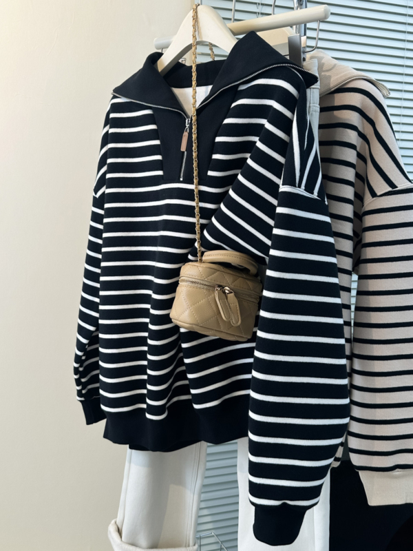 25 美式銀狐絨半拉鍊條紋衛衣|秋冬薄款大尺碼套頭上衣