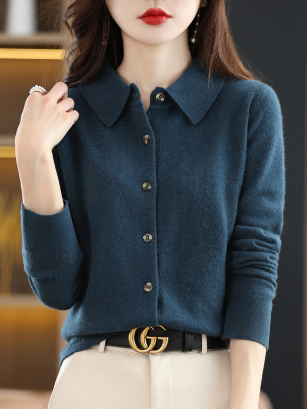 翻領針織POLO外套｜春秋長袖開襟毛衣開衫 女生寬鬆氣質上衣