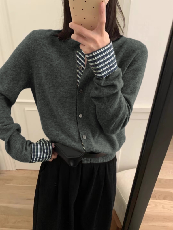 春秋冬韓系減齡撞色格紋拼接針織開衫｜女款單排扣外套上衣