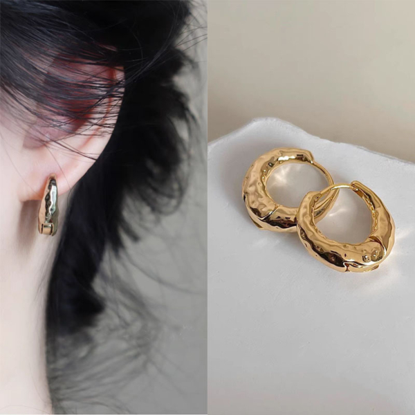 螢河FFR｜925銀電鍍金色敲痕立體厚圈耳環（MY31974）