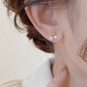 33017 螢河FFR|925銀電鍍蝴蝶結雙珍珠耳釘(MY33017)