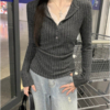 秋冬高級感灰色蕾絲拼接V領針織上衣｜純欲修身打底衫