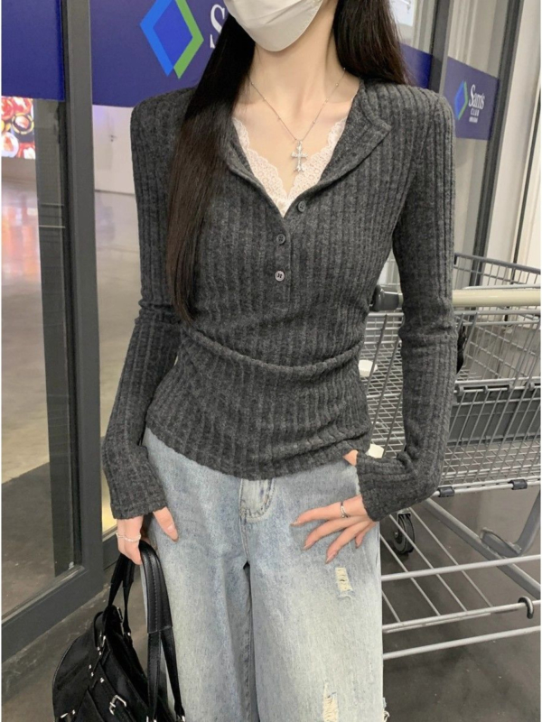 秋冬高級感灰色蕾絲拼接V領針織上衣｜純欲修身打底衫