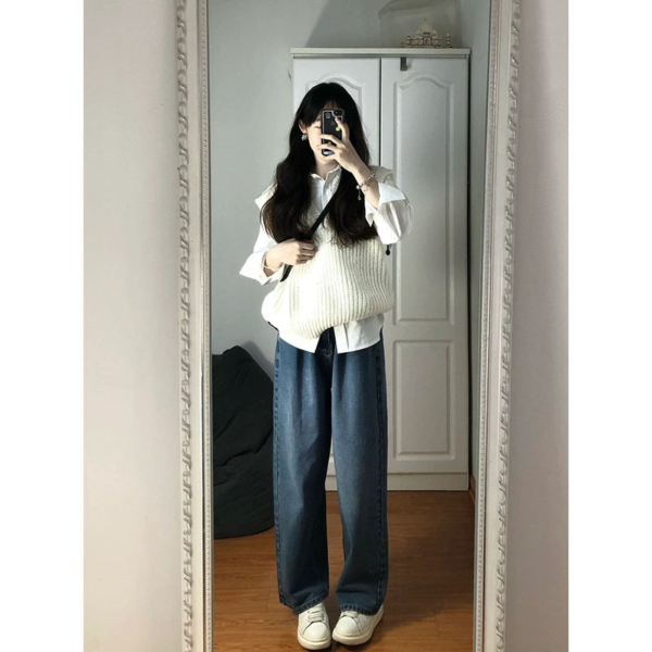 春秋白色V領寬鬆針織馬甲｜設計感疊穿款毛衣背心｜女裝新款